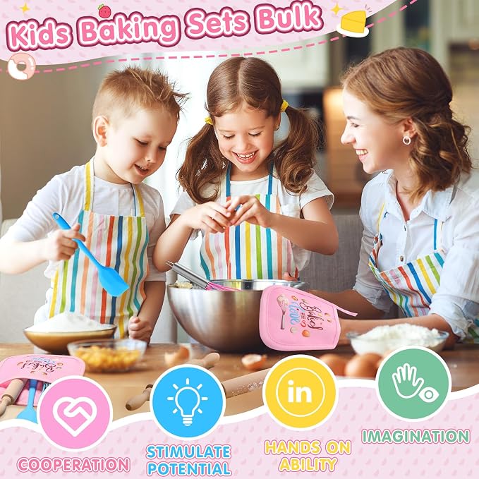 RoundFunny 48 Pcs Kids Mini Baking Supplies with Kitchen Utensil, Pot Holders, Spatula, Rolling Pin, Whisk for Kids Classroom School Exchange Party Favors (Medium)