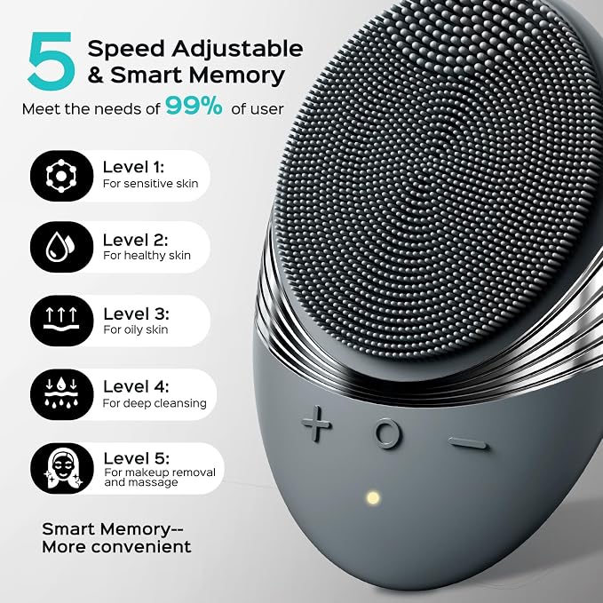 COSLUS FBS01 Facial Cleansing Brush Face Scrubber, Compact for Travel | Rechargeable, Gentle Silicone, 5 Cleansing Modes, Deep Cleaning for Men & Women, Removing Blackhead Exfoliating, Grey