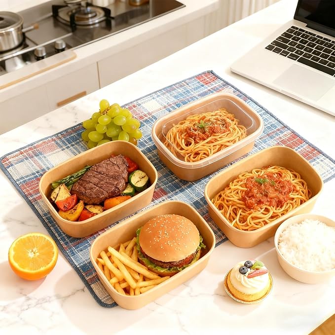 50 Pack Disposable Meal Prep Containers, 19oz Disposable Large Paper Bowls with Lids and Forks for Salad, Noodles, Freezer and Microwavable Storage Use Cardboard Food Containers