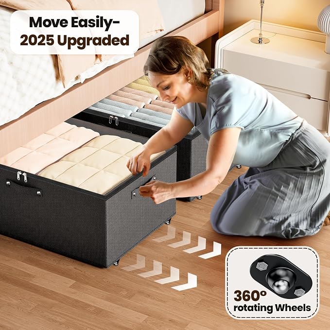 Dayacoco Under Bed Storage With Wheels,10in Underbed Storage Containers 65L | Large Capacity Underbed Storage, No Assembly Required Rolling Under Bed Storage for Clothes Blankets Shoes Black