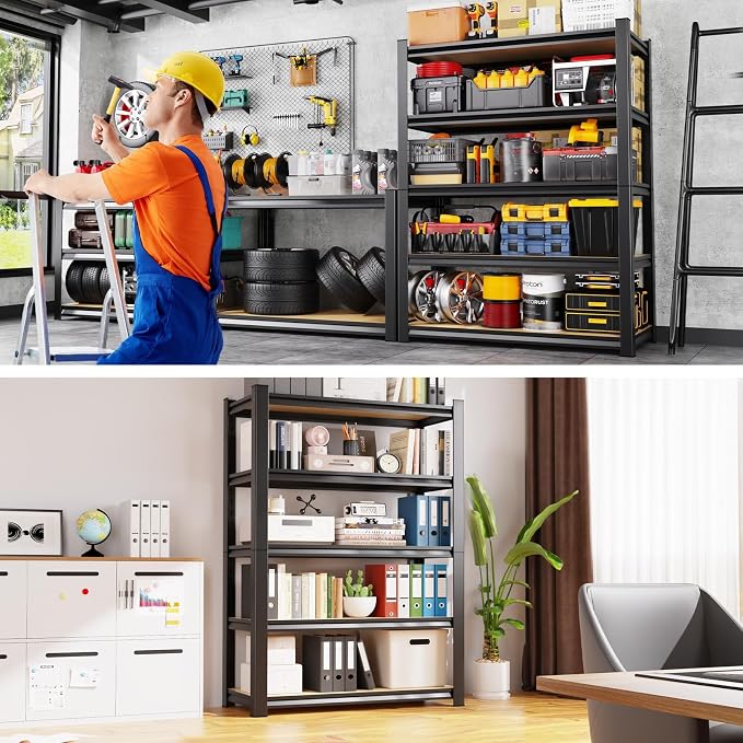 3Pack Garage Shelving, 2500lbs Storage Shelves ,Adjustable Heavy Duty Shelving Unit,5tire Tall Garage Shelves，Wood Standing Shelf Units,Utility Rack For Kitchen Garage W 71.2''H*31.5''W*13.8''D