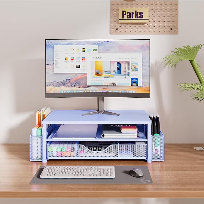 OPNICE Desk Organizers and Accessories, Computer Monitor Stand Riser with Drawer and 2 Pen Holders, Printer & Laptop Stand, Office Desk Accessories & Workspace Organizers for Home Office Supplies, Blue