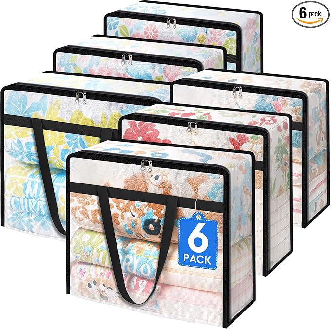 TasticTotes 6 Pack Clear Storage Bags for Comforter, Clothes & Bedding, 60L | Plastic Blanket Storage with Zipper & Handle, Foldable Moving Bags, Closet Organizer and Under-Bed Storage Containers