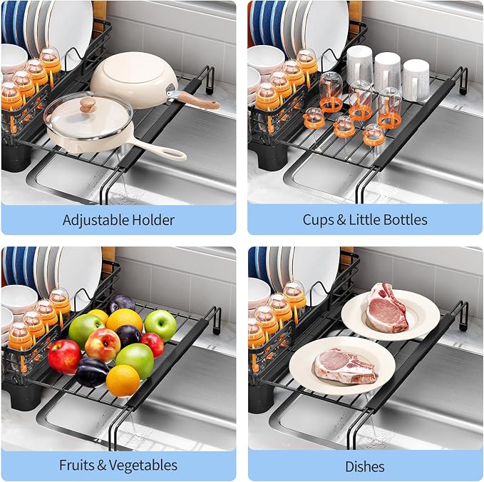 TOOLF Dish Drying Rack - Expandable Dish Rack, Large Capacity Dish Drainer for Kitchen Counter, Stainless Steel Dish Strainer with Cups Holder & Utensil Holder,Black