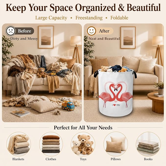 Pink Flamingo Heart Large Clothes Hamper, Portable Collapsible Laundry Basket with Handles, Freestanding Storage Bin for Bedroom Bathroom Dorm Laundry Room