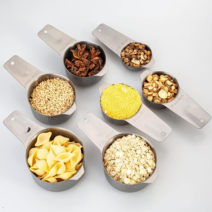 Set of 7 Heavy Duty Measuring Cups, 18/8 Stainless Steel with Ring Connector, Dark Grey
