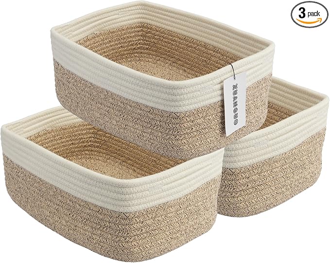 XUANGUO Small Woven Storage Baskets 13“X9”X5“ Decorative Rope Bins for Organizing Shelves, Closets, and Toys, Empty Gift Baskets, Cute Organizer Basket for Home and Office (white and brown, Large)