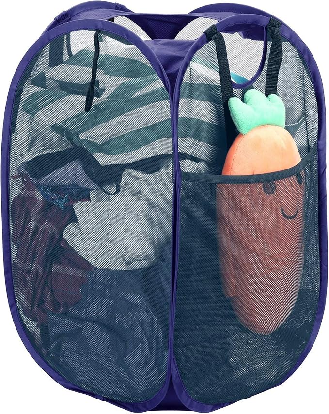 HOUSE AGAIN Strong Mesh Pop Up Laundry Hamper, 70L Collapsible Laundry Basket with Steel Frame, Double‑Stitched Handles & Side Pocket, Foldable Dirty Clothes Hamper for Dorm, Bedroom, Blue