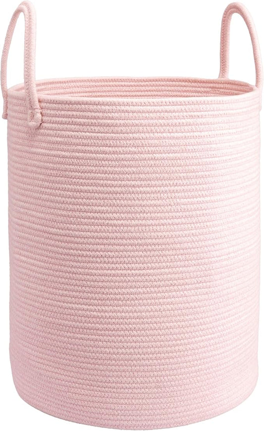 Woven Cotton Rope Laundry Basket, 15" x 20" Laundry Hamper, Pink | Rope storage basket for dirty clothes, toys and blankets. Perfect for bathroom, baby nursery and living room storage.