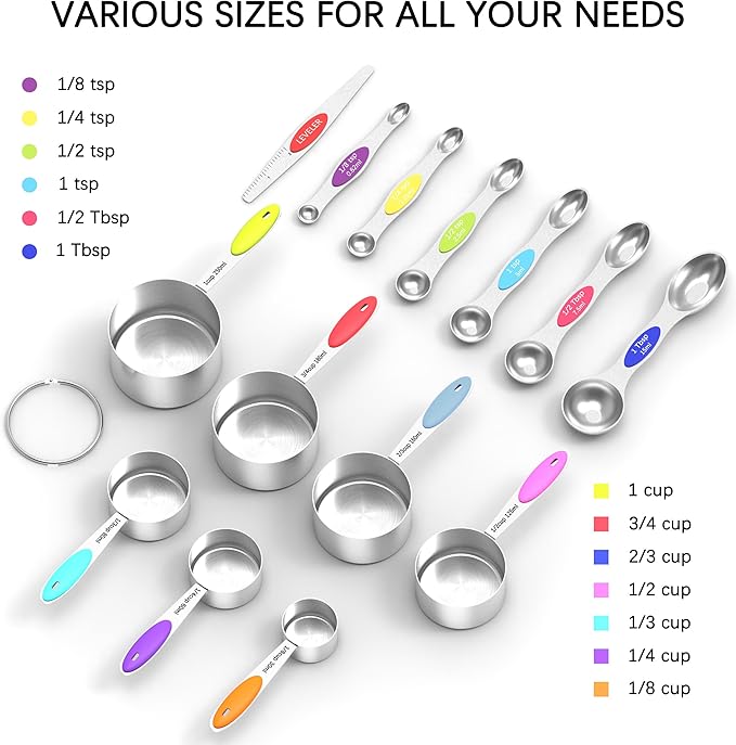 TILUCK Nesting Measuring Cups and Spoons Set, Stainless Steel with Soft Silicone Handle – Heavy Duty & Dishwasher Safe for Measuring Dry/Liquid Ingredients, Ideal for Cooking & Baking (14)