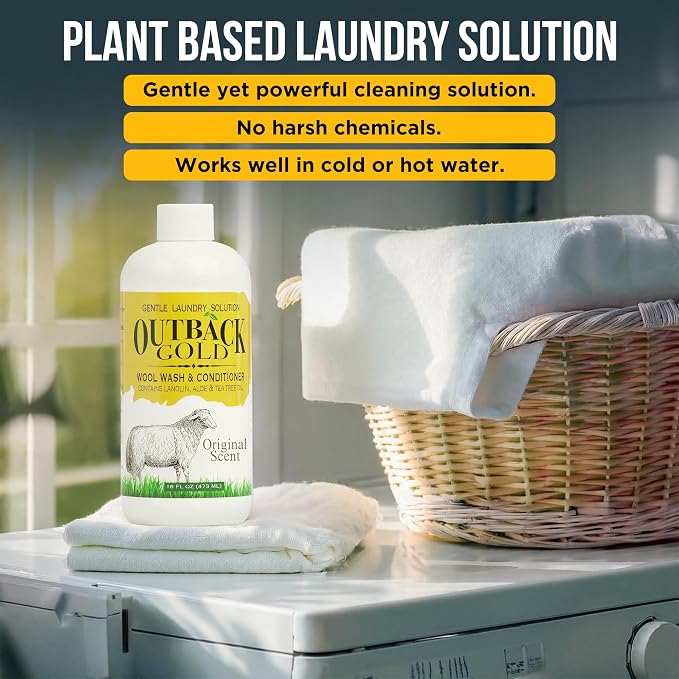 Outback Gold Wool Wash 16 oz, Original Scent, pH Neutral, Made in USA | Plant-based, pH-neutral wash for wool, cashmere, silk, sheepskin & baby items. Original floral scent, HE compatible.