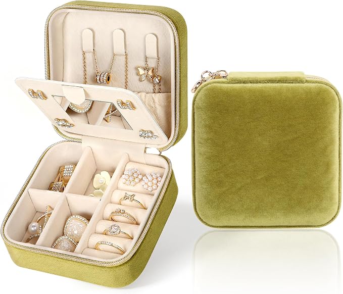 MFXIP Plush Velvet Travel Jewelry Case Small Jewelry Box Jewelry Organizer Storage Case Portable Jewelry Travel Case for Girls Womens Earring, Necklace, Rings,Bracelets with Mirror