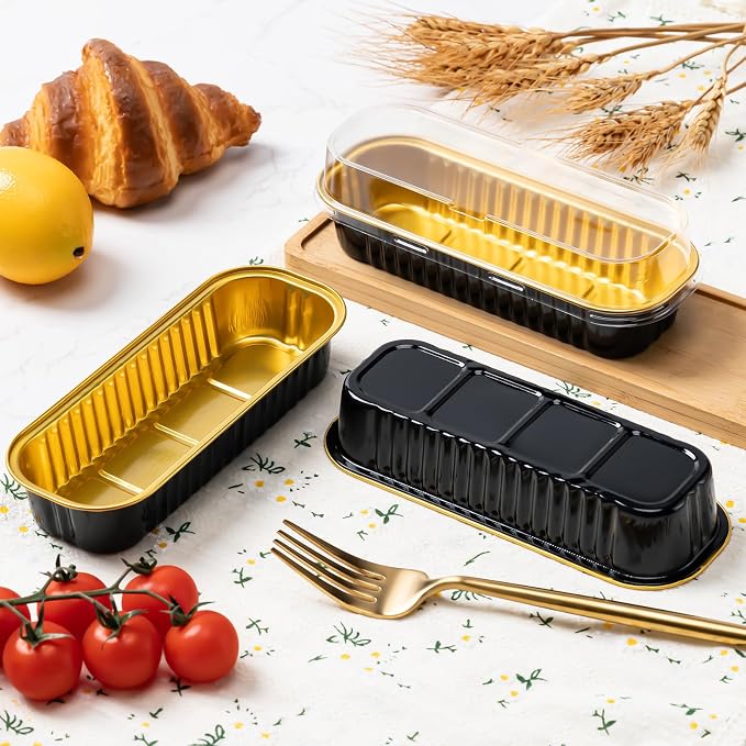 Husfunov 25 Pack Mini Cake Pans with Lids and Spoons, Small Aluminum Foil Loaf Pans, Rectangular Baking Containers for Party and Picnics, 6.8oz (Black/Gold)