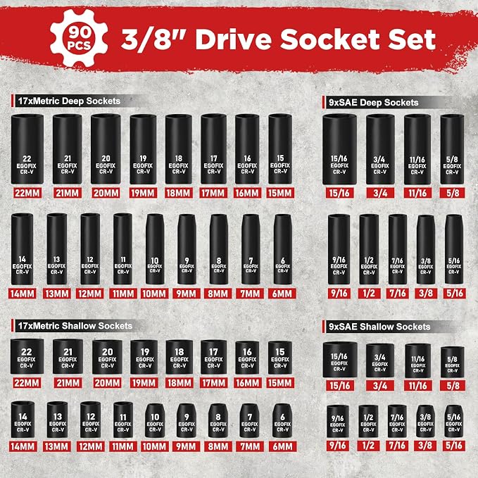 3/8" Drive Impact Socket Set, 90 Piece Metric Socket (6-22mm) and Standard SAE Size (5/16-15/16 inch) 6 Point, with 72-Teeth Ratchet Wrench, Mechanics Tool Kit for Automotive Repair