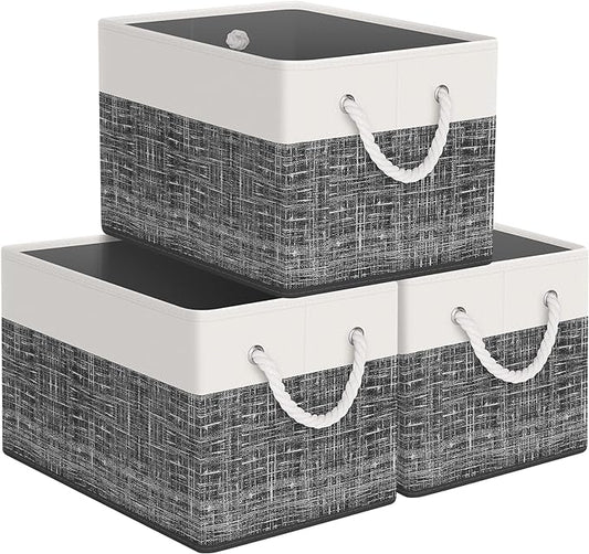 StorageTastic Storage Bin,Collapsible Storage Basket For Organizing,Large Storage Boxes With Rope Handles,Storage Containers,White & Black,3 Pack