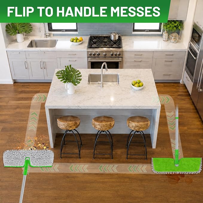 2-Sided Microfiber Dust Mop for Hardwood Floors & Walls | Flat Flip Head, Wet Dry Use, 3 Chenille & Microfiber Pads, 58" Handle, 360° Swivel, Sweep Pet Hair, Tile, Laminate, Kitchen