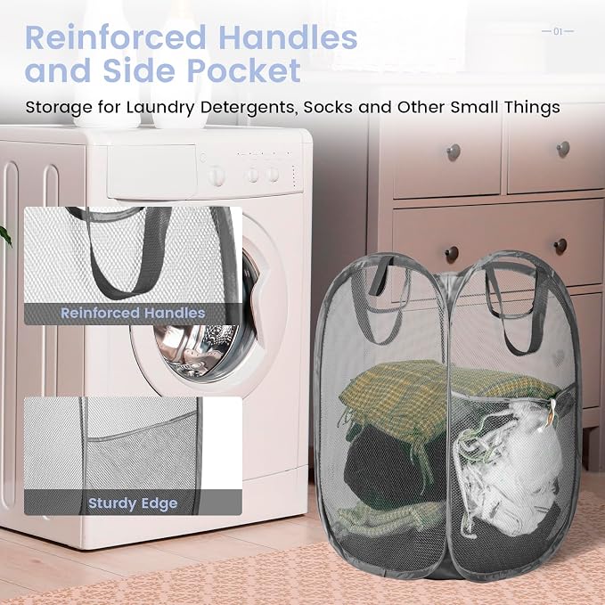 HOUSE AGAIN Strong Mesh Pop Up Laundry Hamper, 70L Collapsible Laundry Basket with Steel Frame, Double‑Stitched Handles & Side Pocket, Foldable Dirty Clothes Hamper for Dorm, Bedroom, Grey