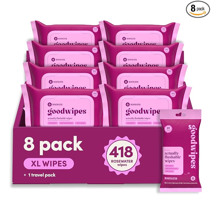 goodwipes Flushable Wipes Bulk Pack, Rosewater Adult Wet Wipes for Women & Men, Sewer & Septic Safe, Toilet & Bathroom Essentials, Extra Large, 418 Count (8 Packs and 1 Travel Pack)