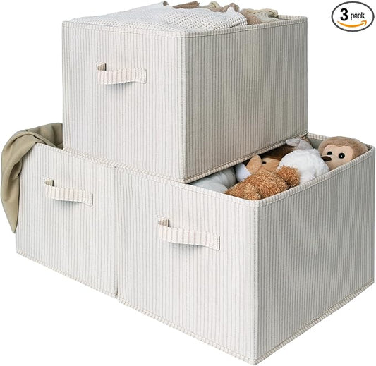 StorageWorks Foldable Shelf Organizer Bins, Closet Storage Baskets for Clothes, Storage Bins for Organization, Beige Stripes, 3-Pack, Extra Large
