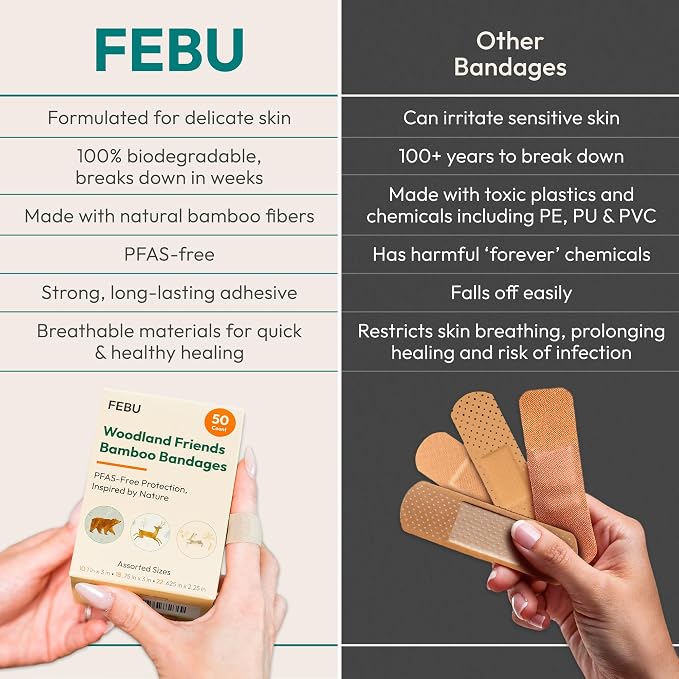 FEBU Woodland Friends Print Bamboo Fabric Bandages, 50 Count Strip | PFAS Free, Natural Hypoallergenic, Compostable, Latex Free; For Scraps, Cuts and First Aid