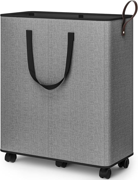 SpaceTrove Rolling Laundry Basket with Wheels, Laundry Hamper, 155L, Grey | Collapsible, 6 detachable wheels including 2 with brakes, sturdy handle, metal frame, for dorms, bathrooms and bedrooms