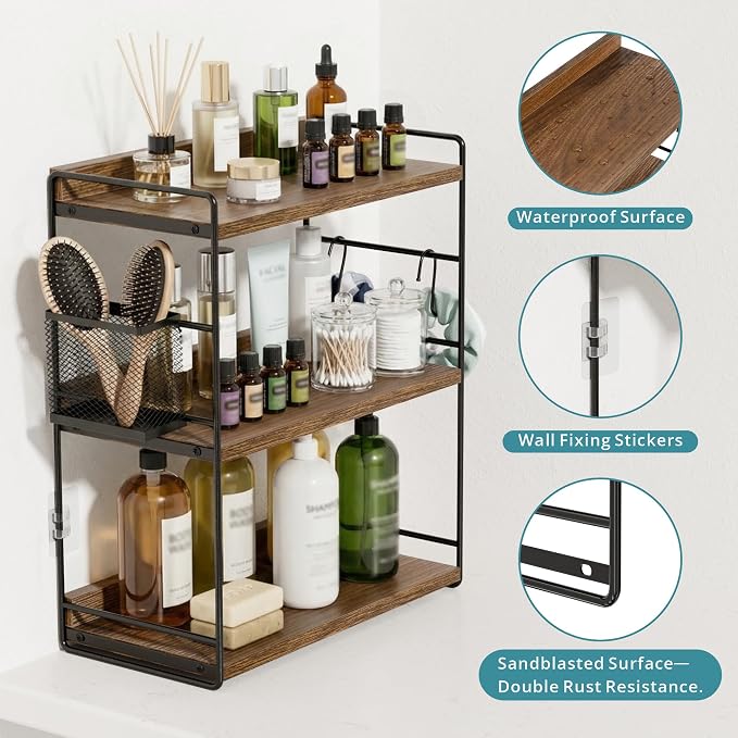 3-Tier Bathroom Counter Organizer with Basket, Brown | Wood Shelf for Skincare & Makeup, Sturdy & Space Saving, for Kitchen, Bathroom, Dresser
