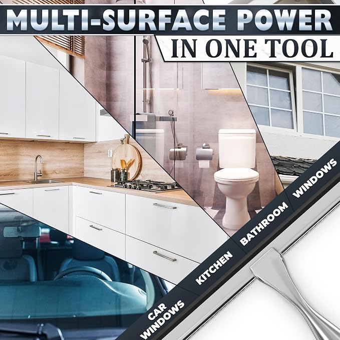Shower Door Squeegee with Hook - 14" Silicone Blade, Stainless Steel Squeegee for Shower Glass with Adhesive Mount - All-Purpose Bathroom Tile, Mirror, & Window Wiper for Streak-Free Cleaning (Silver)