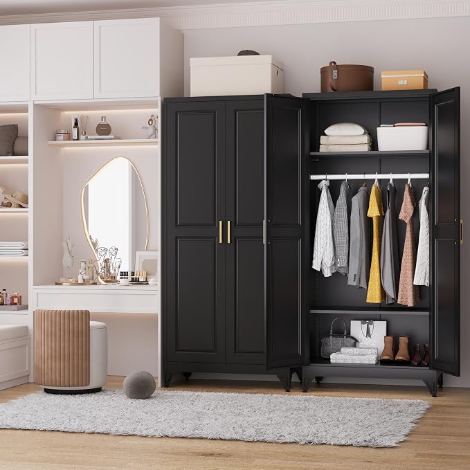 Polup Metal Armoire Wardrobe Closet with Hanging Rod, 71" Tall Wardrobe Cabinet for Clothes, Black Clothing Storage Cabinet with Doors and Shelves, Large Wardrobes for Bedroom, Office, School, Gym