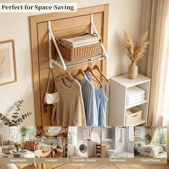 Over Door Clothes Drying Rack 13"-23" Length No Drill for Apartment Rental | 60lb Heavy Duty Load, 4 Stainless Steel Rods and 2 Accessory Hooks Indoor Air Dryer Rack Space Saving for Bathroom, Dorm, RV