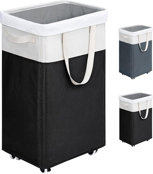 Goodpick 75L Rolling Laundry Basket with Wash Bag, Laundry Hamper for Dorm | Laundry Hamper with Wheels & Handles for Dirty Clothes, Clothes Hamper, Dorm Room Essentials, Black & White