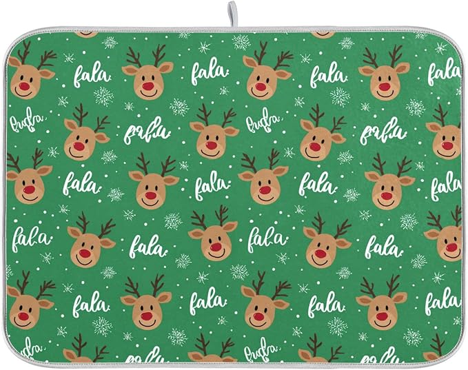 Christmas Reindeer Green Dish Drying Mat for Kitchen Countertop 16x18 Winter Snowflake Xmas Small Drying Mat Reusable Quick Dry Dish Sink Mats Easy Clean Decorative Essentials