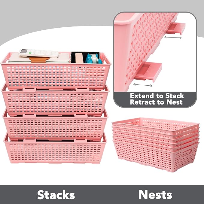 Tiawudi Stackable Woven Plastic Basket, Storage Bins for Cabinet, Closet, Shelf, Under Sink and Countertop, Pantry Organizer Bins, 6 Pack