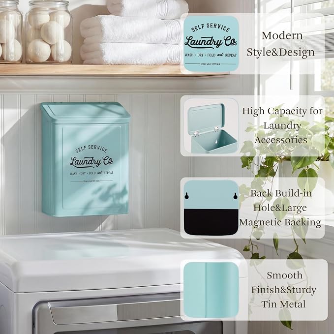 MONJITA Magnetic Lint Bin for Laundry Room, Metal Trash Can with Lid for Dryer, Farmhouse Lint Holder, Laundry Co Sign, Laundry Room Storage Decor with Dryer Lint Brush (Mint)