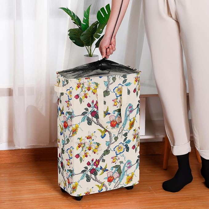 efluky Slim Laundry Hamper with Wheels, Rolling Laundry Basket for Clothes, Small Laundry Basket for Bedroom, Dorm and Laundry Room, 60L (12.7 Gallons) Floral