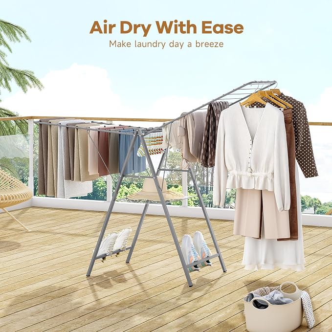 APEXCHASER 6 Height Adjustable Clothes Drying Rack with Shoe Slots, Grey | Pre-Assembled, Stable Load Structure, 22 Drying Rails, Foldable Space-Saving For Efficient Indoor & Outdoor Airflow Drying