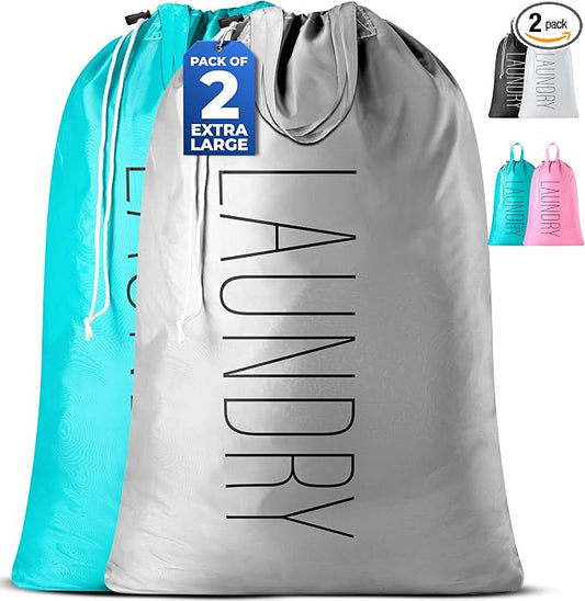 Handy Laundry Extra Large Travel Laundry Bags 2-Pack – 24 x 36 Inches Heavy Duty Water-Resistant Dirty Clothes Bags for Travel, Camping, Dorm, Family – Sturdy Drawstring Closure, Teal-Grey Print