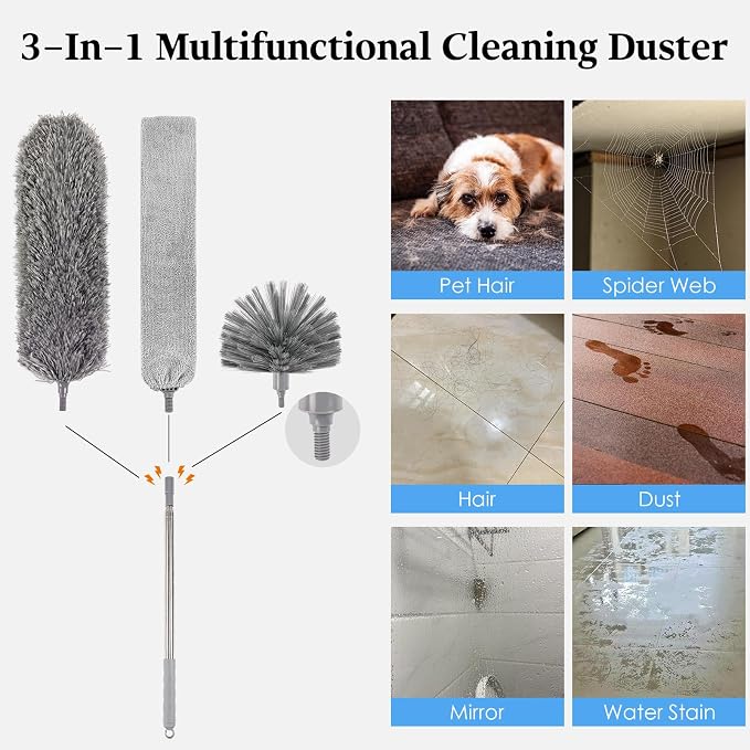 Cobweb Duster with Extension Pole, Washable Cleaning Microfiber Feather Duster 5-in-1 Kit with 3 Duster Heads, 100'' Bendable Extendable Long Duster for High Ceilings, Fans, Blinds, Furniture & Car