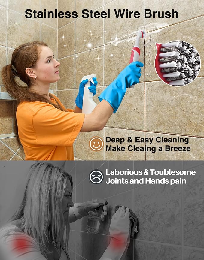 kHelfer Rechargeable Electric Grout Brush, IPX7 Waterproof & Stainless Steel Wire Power Brush, Cordless Cleaning Brush & 5 Replacement Heads for Tile Grout Crevice