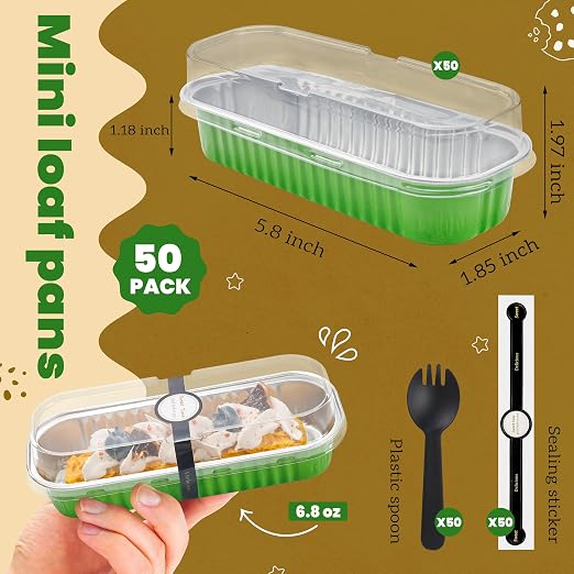 NPLUX 50 PACK Mini Cake Pans with Lids and Spoons, Rectangular Aluminum Foil Bread Pan, Mini Loaf Pans and Food Containers with Lids for Graduation Gifts Party Favors(Grass Green, 6.8oz)