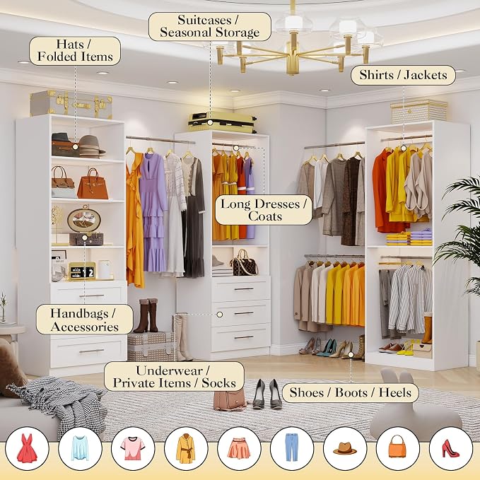 Closet System with 3 Sets, 6-16FT Closet Organizer System with 6 Drawers & 5 Shelves & 6Hanging Rods, Custom L-Shaped Walk in Closet Organizers and Storage System, Modular Closet Shelving System,White