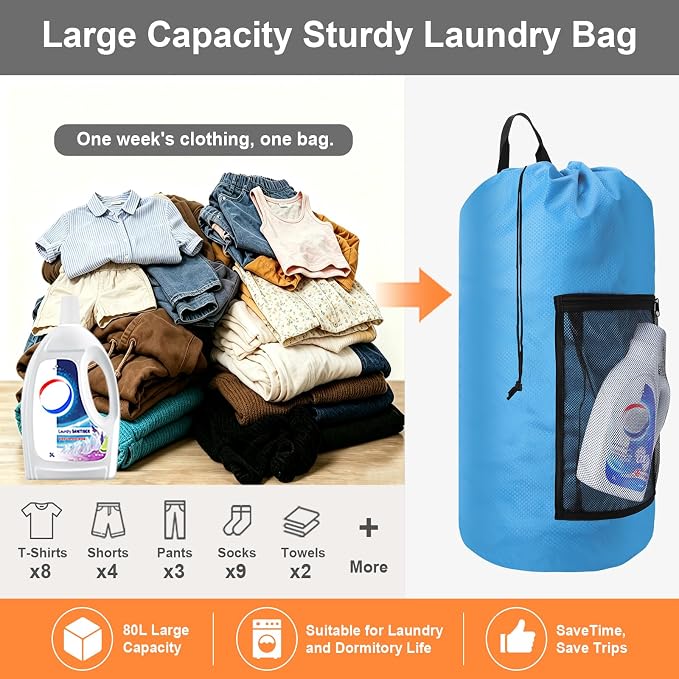 Laundry Bag Backpack Durable Laundry Bag with Shoulder Straps and Mesh Pockets Portable Laundry Hamper Dirty Clothes Bag for College, Travel, Laundromat, Apartment (Blue)