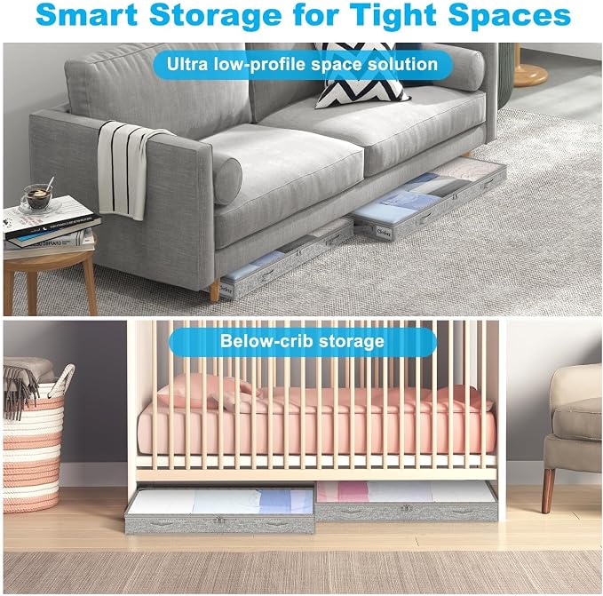 5 Inch Low Profile Under Bed Storage Drawer 4 Pack, Lightweight Underbed Clothes Storage Container Bins With NO STURCTURE, Shallow Storage Bag for Dorm & Home, With Clear Lids & Water-Resistant Fabric