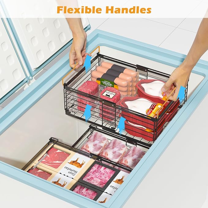 NADAMOO Expandable Chest Freezer Organizer, Stackable Wire Baskets | Adjustable 11-17.3 Inches, Heavy Duty 35 lbs Capacity, Foldable Handles, 360° Airflow, Fits 5-20 Cu Ft Models, 2 Pack