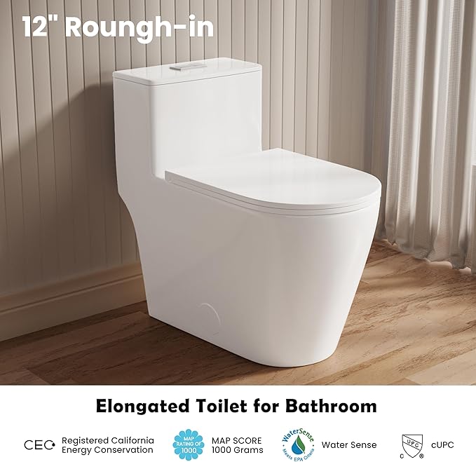 Casta Diva Elongated One Piece Toilet with 17" ADA Comfort Chair Height Seat Compact Toilet for Bathroom Dual Flush 1.1/1.6GPF, 12'' Rough-in, High Efficiency Flush, Standard White Bowl