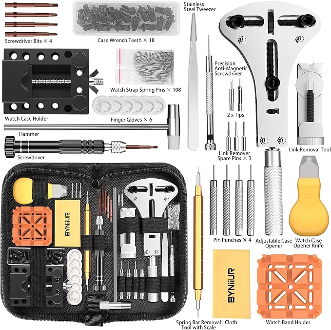 Watch Link Removal Kit, BYNIIUR Watch Repair Kit, Watch Case Opener Spring Bar Tools, Watch Battery Replacement Tool Kit, Watch Band Link Pin Tool Set with Carrying Case and Instruction Manual