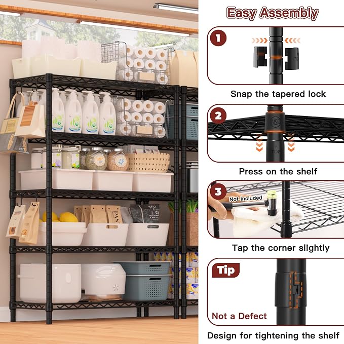PrimeZone Wire Metal Storage Shelves - 5 Tier Adjustable NSF Certified Heavy Duty Garage Shelving Unit Organizer Rack, Steel Utility Shelf for Kitchen, Pantry, 35.5" W x 14" D x 72" H, Black, 4 Packs