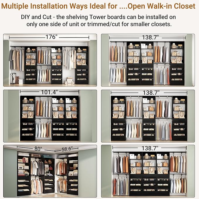 Aheaplus Closet System with 12 Drawers, 138.5" Wood Closet Organizer System with 4 Hanging Rods & Top Shelves, 6.7+4.85Ft L Shaped Corner Walk-in Closets Wardrobe Organizer Rack, Set of 3, Black