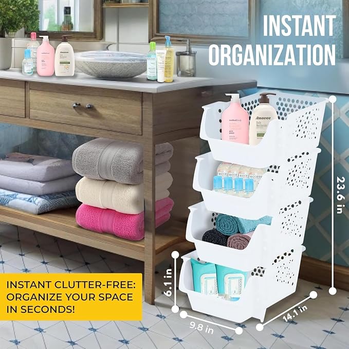 Skywin Stackable Storage Bins Open Front for Pantry Storage, 4 Pack - White | Sturdy Plastic, Easy Stacking, Breathable & Open Front Design, Pantry Storage for Snacks, Toiletries, and Small Essentials