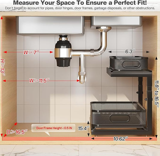 2-Pack Under Sink Storage Organizer with 2-Tier Slide Out Drawer, Sophisticated Mesh Pull Out Shelf for Kitchen & Bathroom, Fits Small Items, Upgraded Arched Track for Smooth Gliding(Patented)