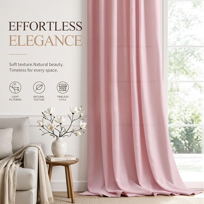 Hokibero Pink Linen Curtains 96 Inches Long Drape for Living Room 2 Panels | Light Filtering Semi Sheer Curtain, Back Tab Rod Pocket Pleated Look, Pink Drapes for Bedroom Nursery Privacy, Boho Farmhouse